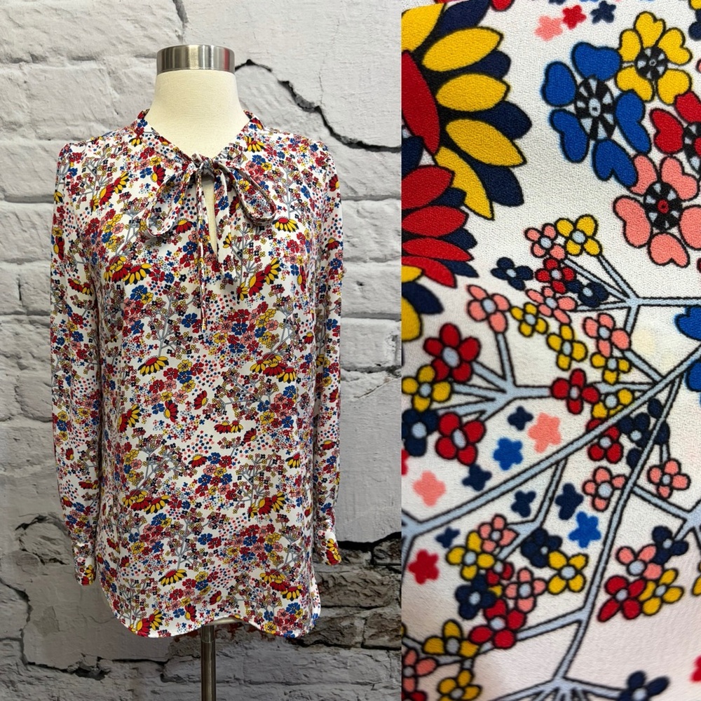 Talbots Meadow Multicolor Floral Bow Tie Neck Blouse Long Sleeve Romantic - Picture 3 of 10